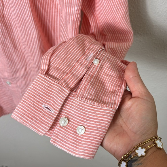 Tahari Linen Cotton Blend Striped orange white button down shirt size M - Picture 5 of 8